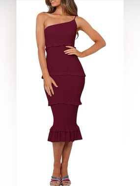 PRETTYGARDEN Midi Bodycon Dress -One Shoulder Strappy Tiered Ruffle Dress